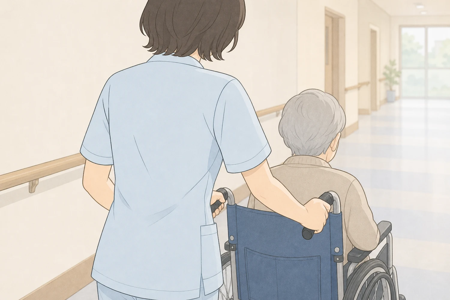 介護現場で両手がふさがり入力できない様子のイラスト
