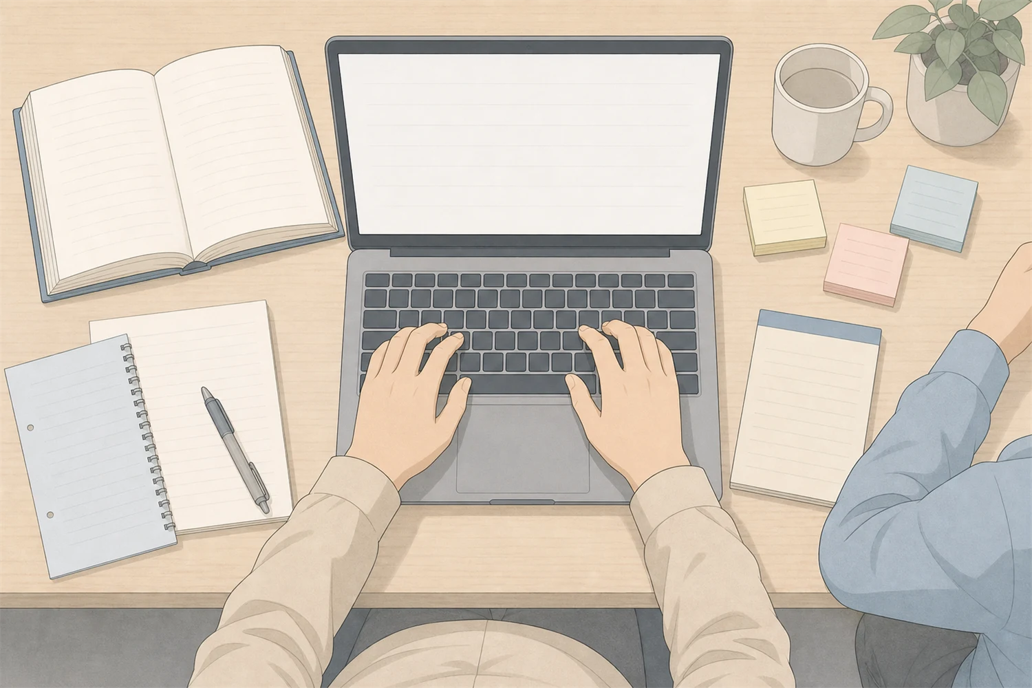 多国籍スタッフがキーボード入力に手間取っている様子のイラスト