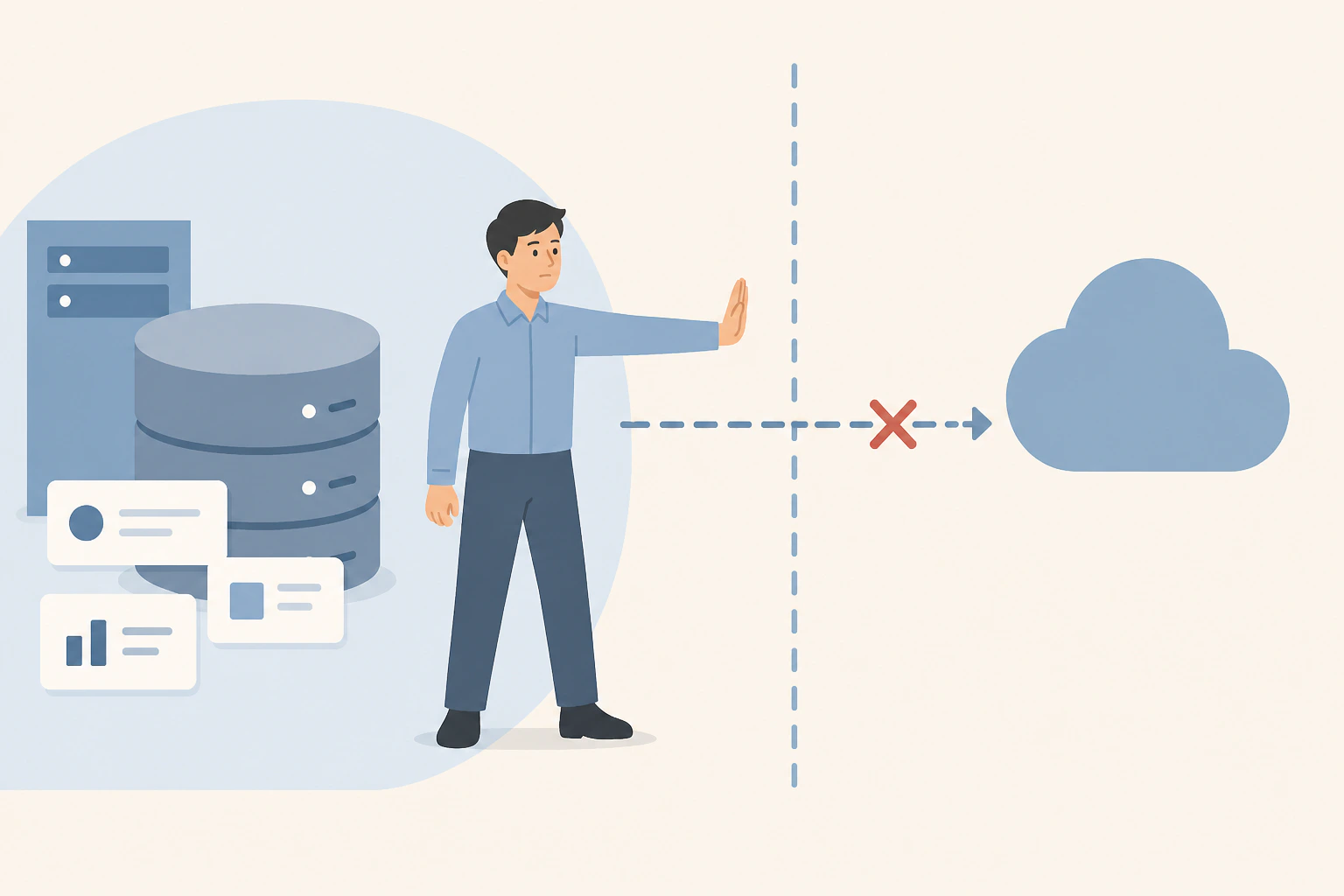 社内のデータベースから外部クラウドへデータが出ることをためらうイラスト