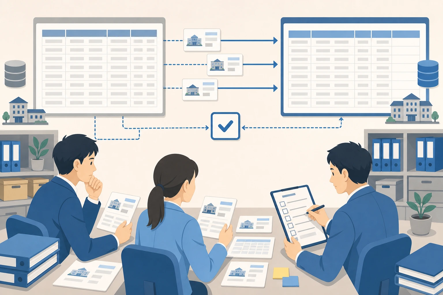 公有財産の台帳や履歴データを欠けずに新基盤へ移し替える担当者のイラスト