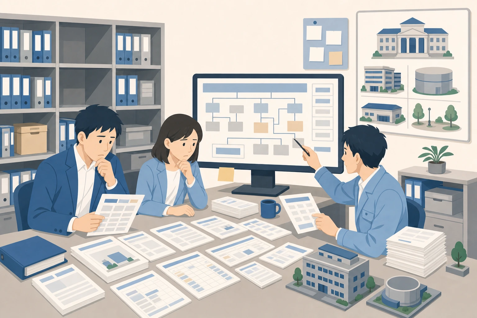 公有財産管理システムの設計書が残っておらず、空の棚と構造図を前に悩む担当者のイラスト