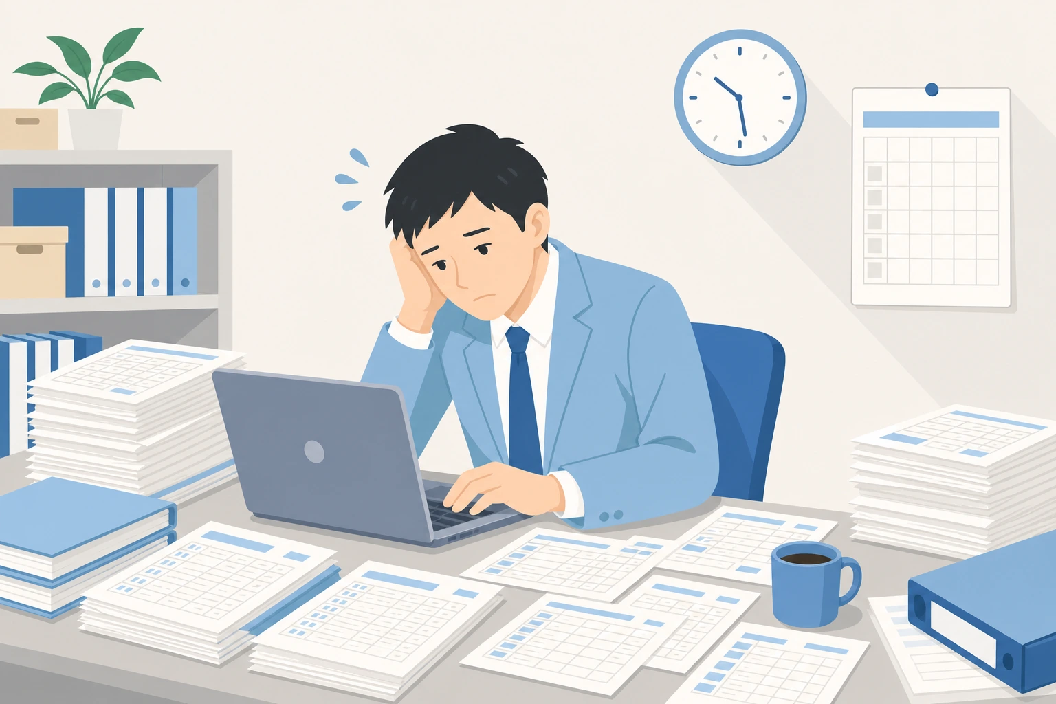 Excelで物件ごとに条件を作り込み、比較検討が追いつかず時間に追われる担当者のイラスト