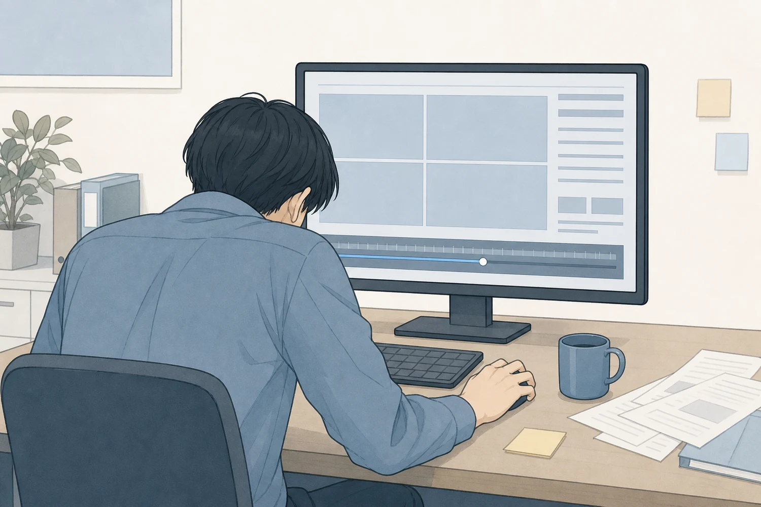 PCモニタの長い動画タイムラインを遡るオペレーターの後ろ姿のイラスト