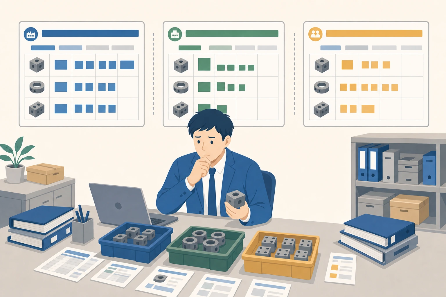 工場や部署ごとに在庫の見え方が異なり、全社視点で把握できず悩む担当者のイラスト