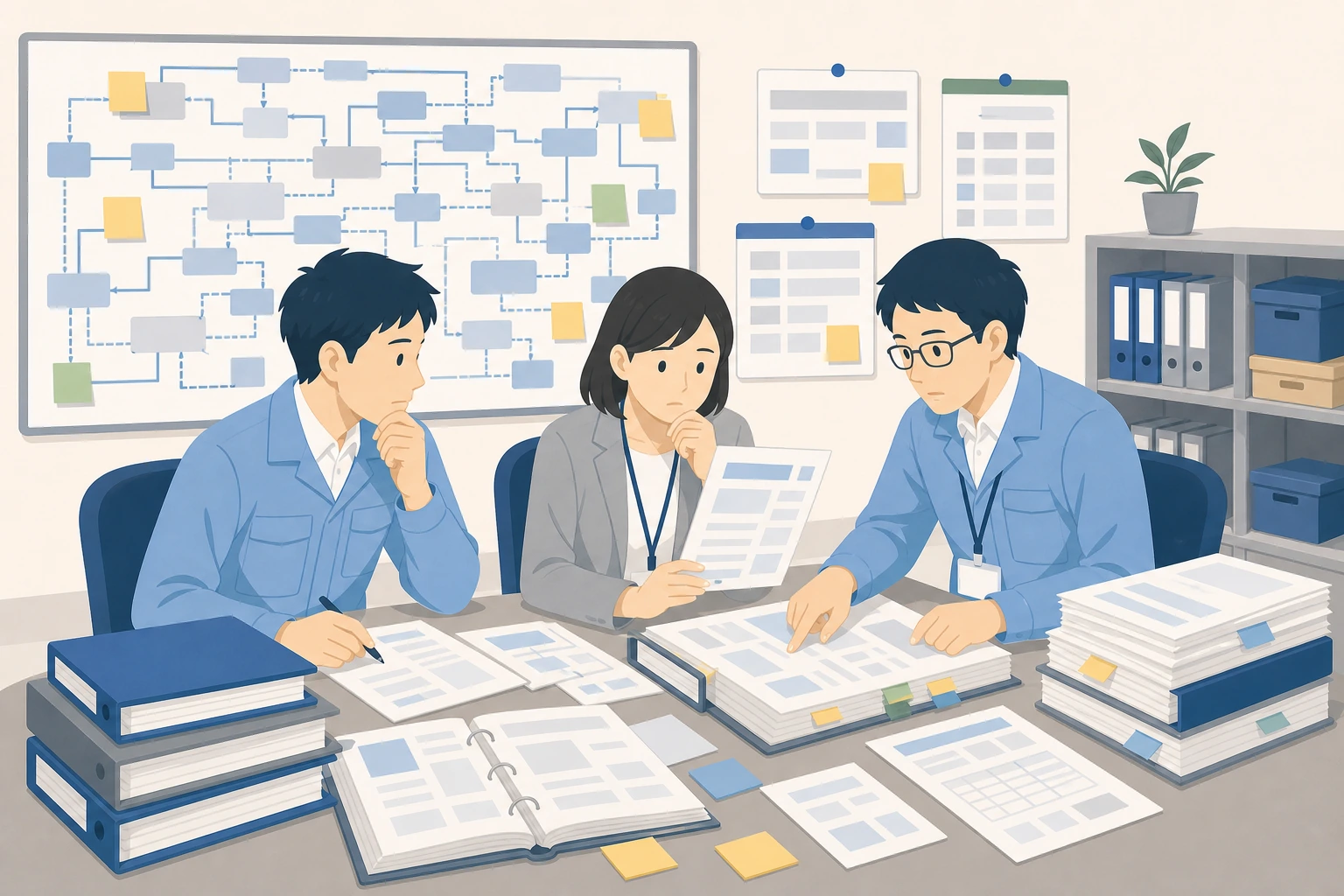 長く積み上がった税業務システムの仕様不明瞭点を資料と図で確認する担当者のイラスト