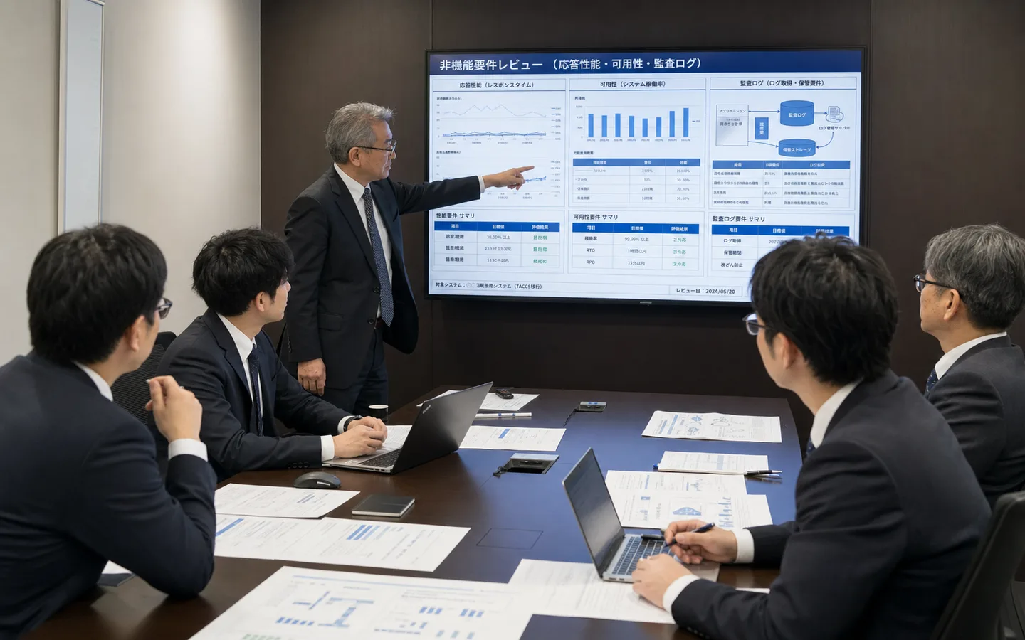 非機能要件（性能・可用性・監査ログ）の設計を厳密にレビューする技術レビューの写真