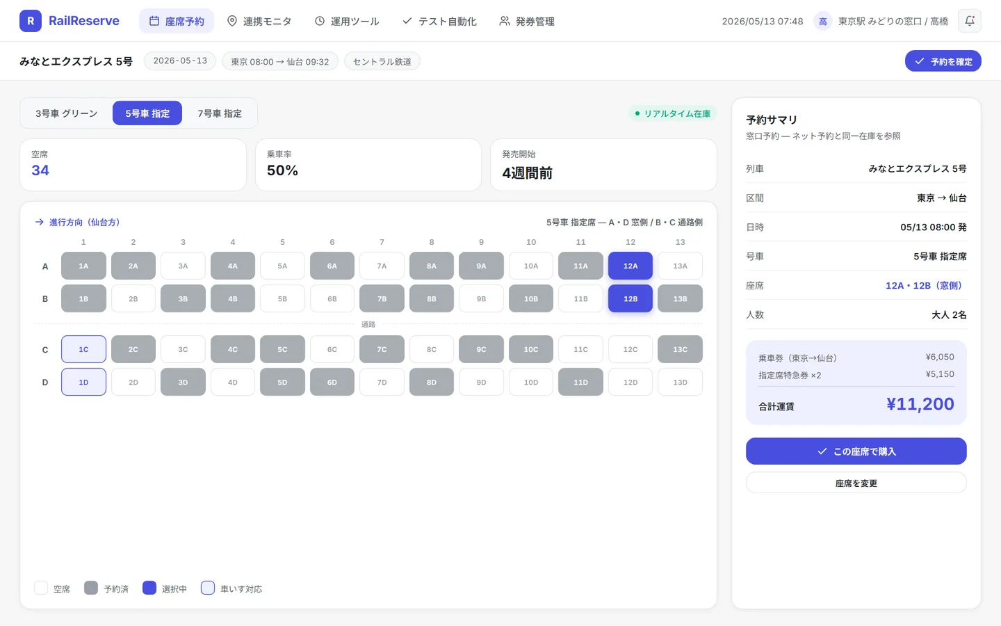 RailReserveの座席予約画面 — 予約済・空席・選択中を色分けした指定席の座席表と、列車・区間・運賃の予約サマリ