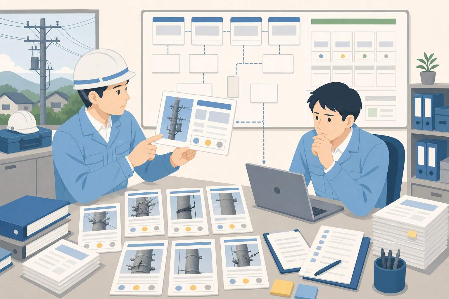 巡視点検で見つけた配電設備の劣化兆候が保全計画に紐づかず悩む担当者のイラスト