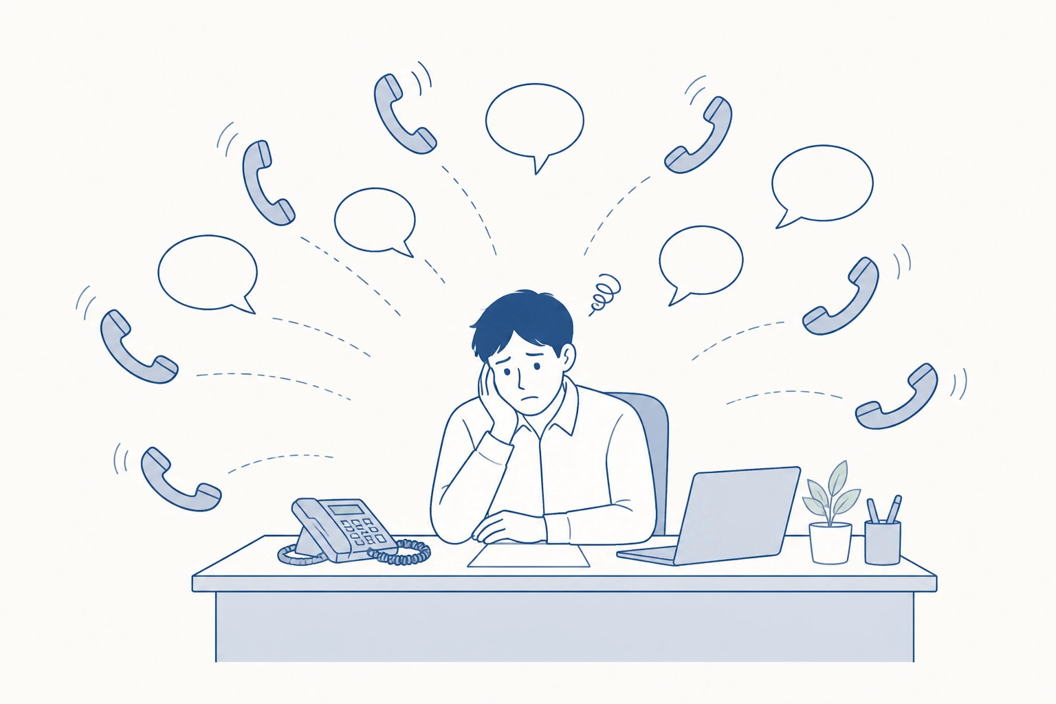 定型的な電話が次々とかかり、一人の担当者に問い合わせが集中しているイラスト