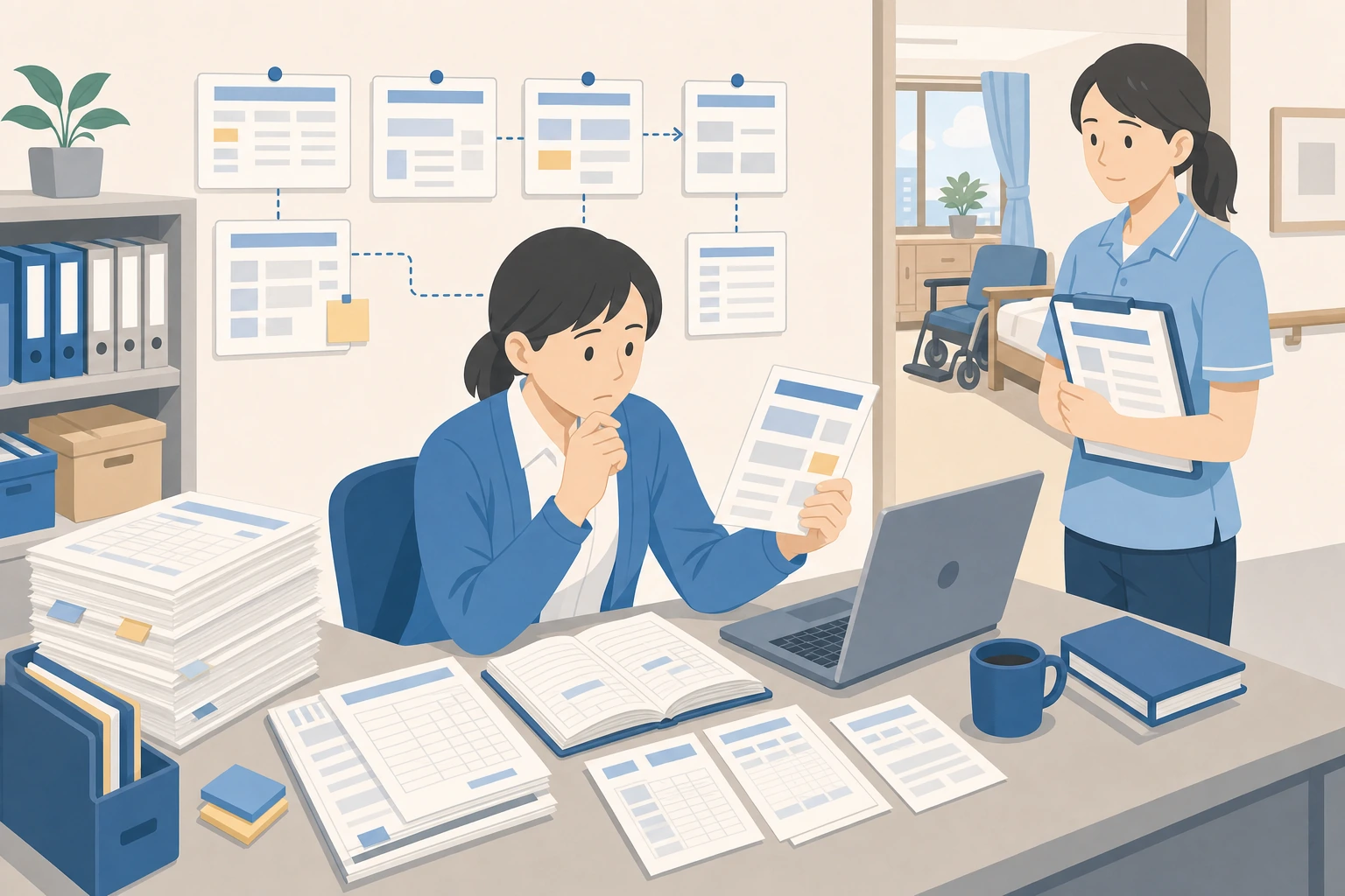 介護報酬の加算項目を紙台帳で確認し、取りこぼしに悩む介護事務担当者のイラスト