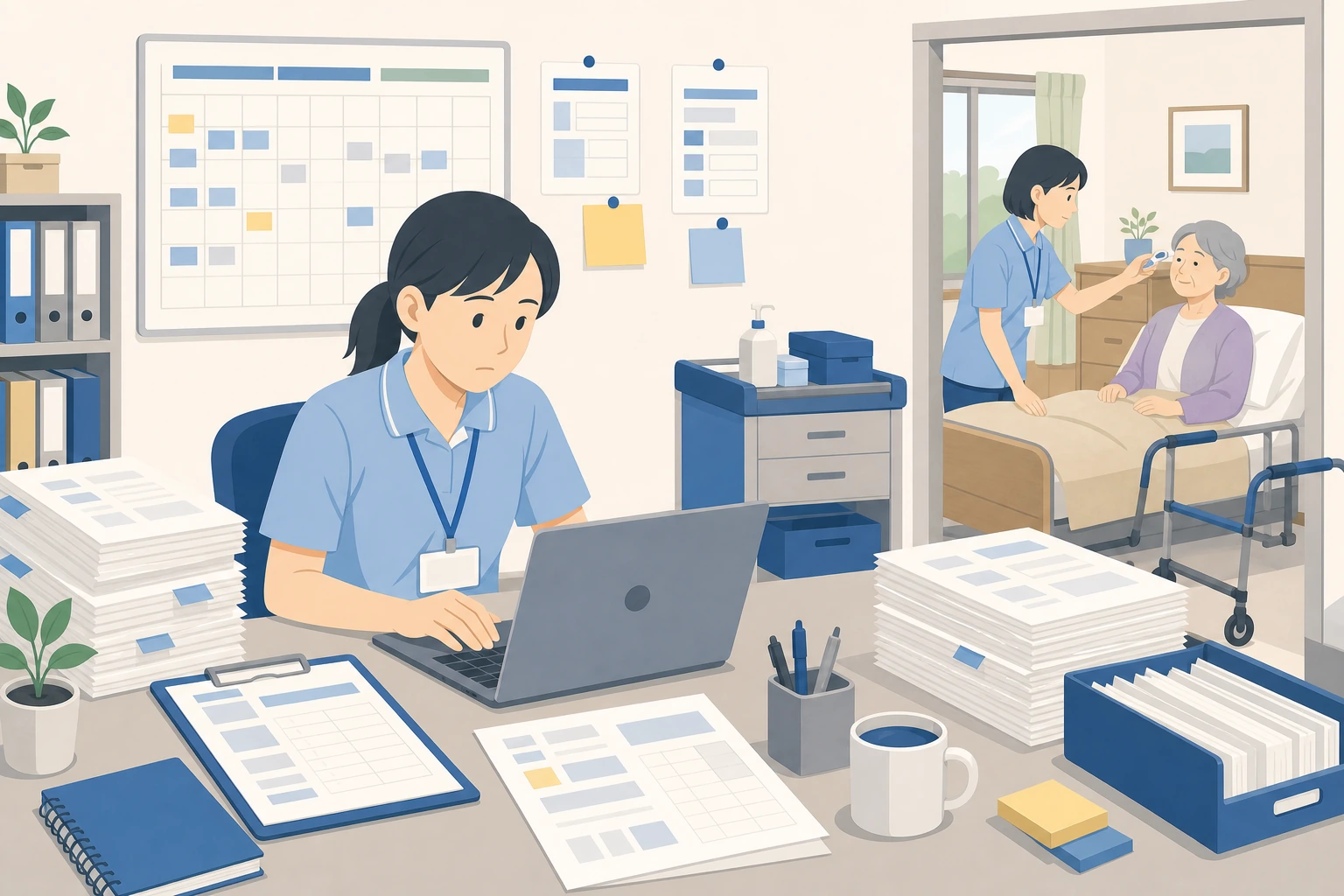 介護記録の手入力に追われ、ケアの時間が削られているスタッフのイラスト