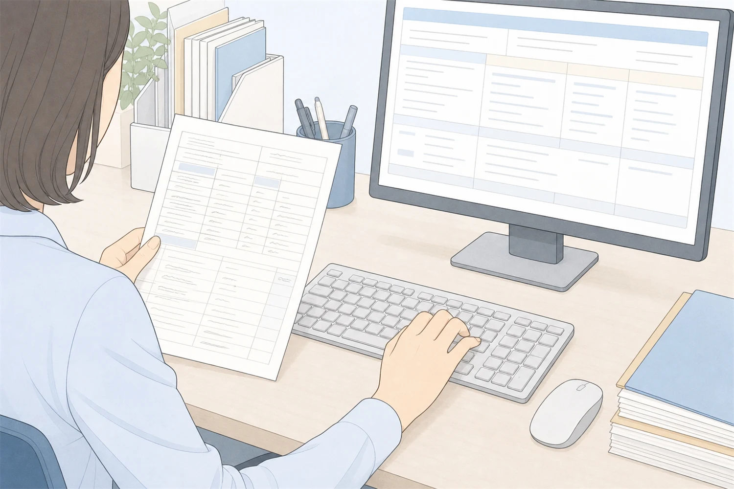 手書きの帳票を見ながらキーボードでシステムに転記する事務スタッフの手元のイラスト