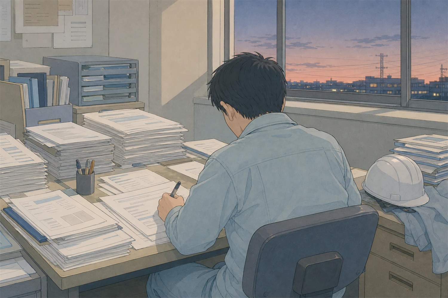 夕方の事務所で紙の作業日報を書き続ける作業員の後ろ姿のイラスト