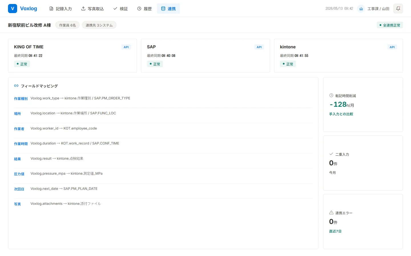 システム連携画面 — 勤怠・基幹・SaaSへのフィールドマッピングと、二重入力・転記時間の削減実績