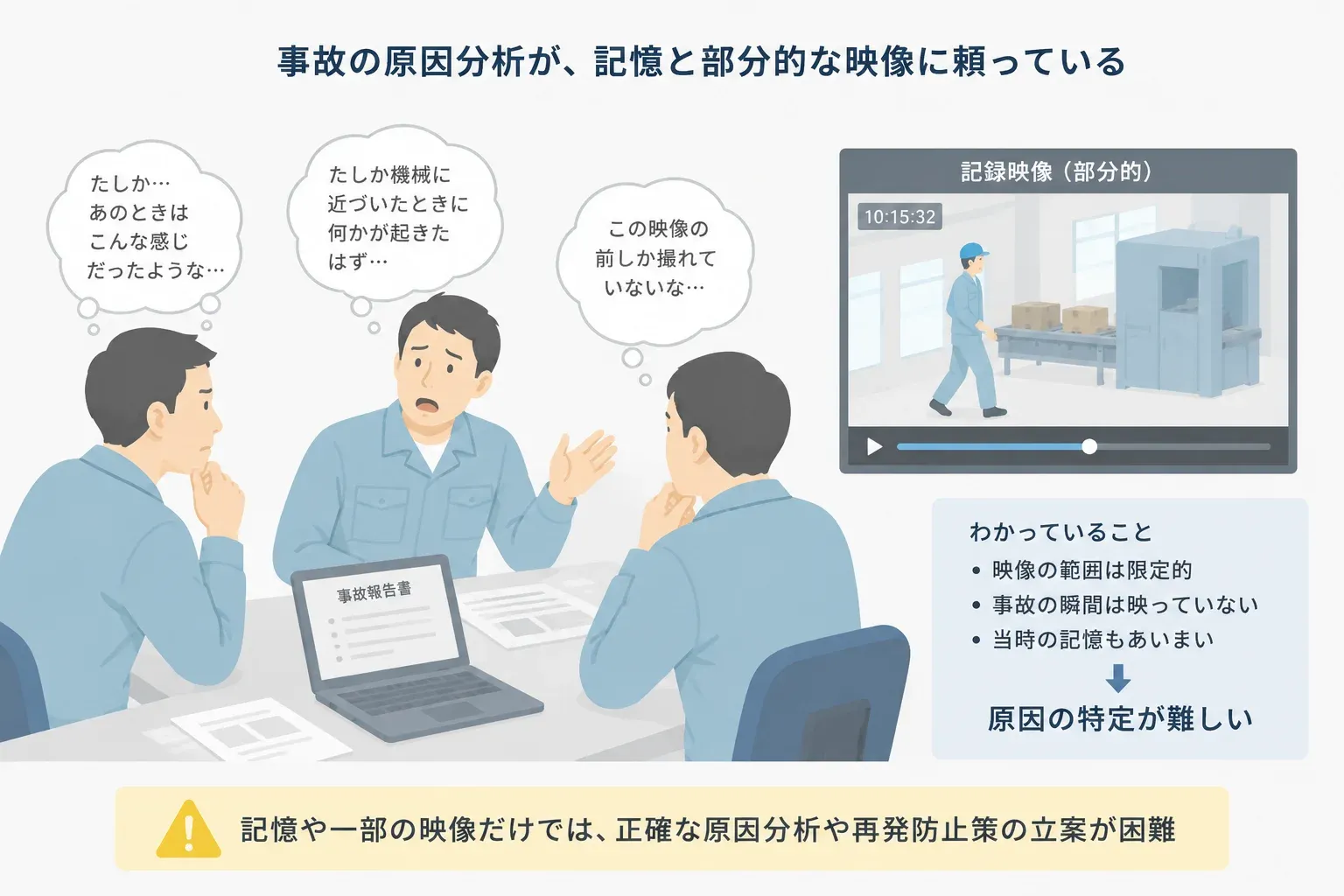 事故の原因分析で関係者が記憶と部分映像をもとに議論しているイラスト